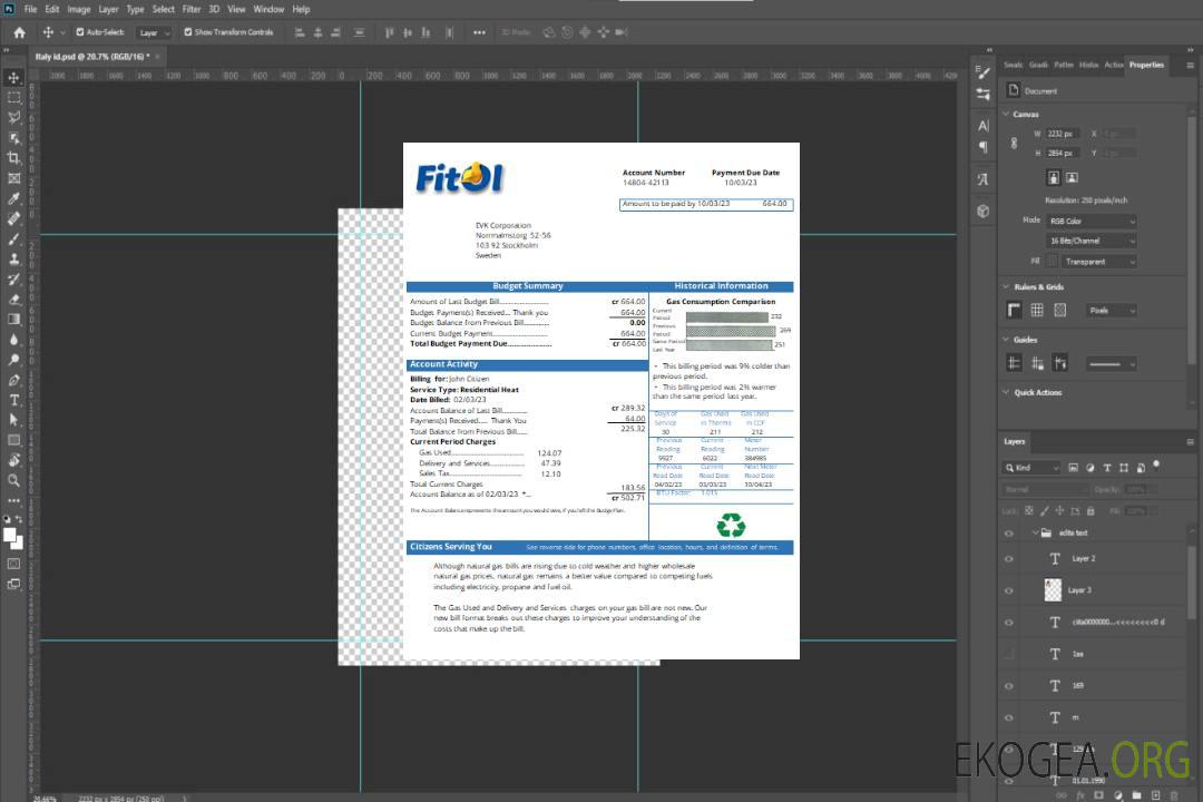 Facture commerciale du service public de gaz Fitol, SCR template